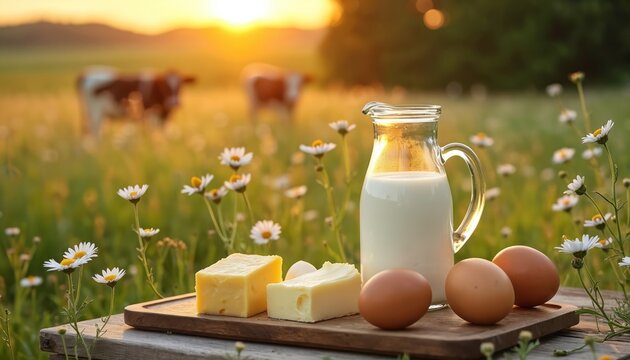 Rustic breakfast with milk, cheese, eggs on wood table. Cows graze in background meadow with daisies at sunset. Fresh farm products in golden light outdoor in countryside nature.