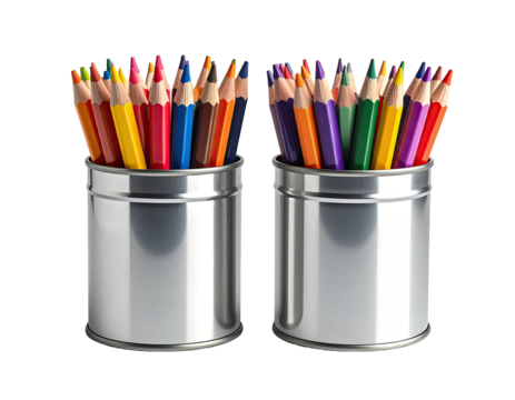 Two metal cylinders hold a collection of brightly colored pencils, neatly arranged