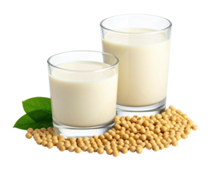 Two clear glasses of creamy, light-brown liquid; soybeans and leaves adorn the base