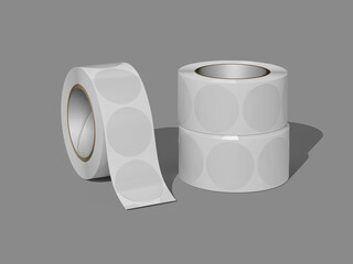 White Blank Transparent Sticker Roll Mockup With Two Rolls Stacked And One Unrolled On A Gray Background 3D Rendering