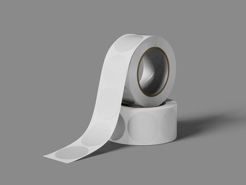 Stacked Blank White Transparent Sticker Roll Mockup On A Gray Background 3D Rendering