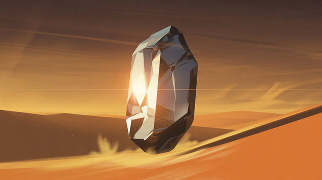 A digital illustration of a crystal in a desert landscape with a warm, golden light.