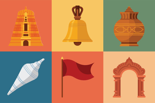 Flat illustration set for Hindu temple architecture, featuring bell, flag, arch, and spire symbols.