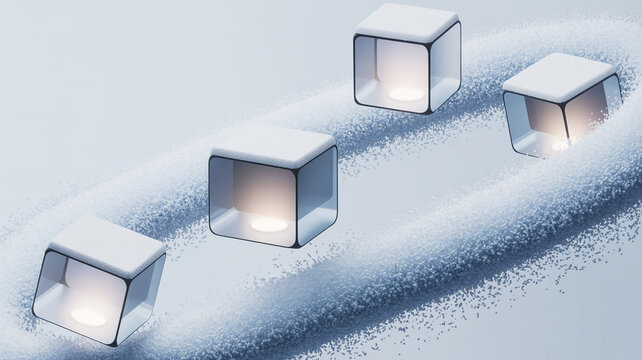 A ripe pomegranate cut open with seeds flowing out on streams of digital data and light.