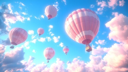 Obraz premium Colorful hot air balloons float gracefully in the blue sky above fluffy clouds during a bright sunny day