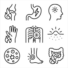 Collection of medical icons depicting various bodily ailments and pain points
