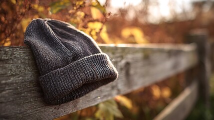 A close-up of a slouchy beanie resting on a rough wooden fence, shallow depth of field highlighting autumn texture.