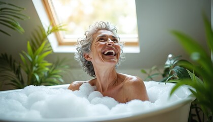 Cheerful senior woman with gray curly hair enjoys relaxing bubble bath at home. She laughs with pure joy, embracing comfort, well-being. Bright bathroom features green plants, natural window light.
