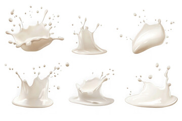 Six dynamic white milk splashes frozen in motion against a black background liquid fluid