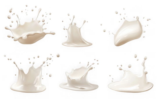 Six dynamic white milk splashes frozen in motion against a black background liquid fluid