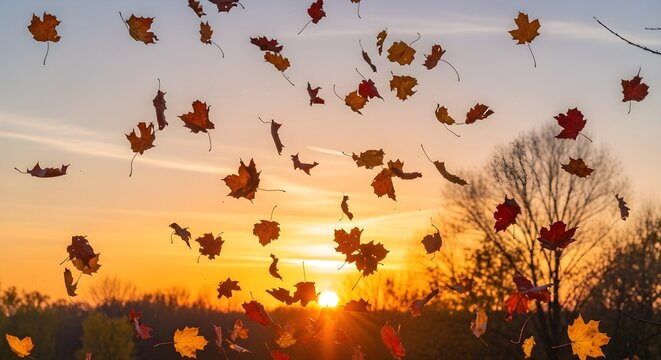A cinematic shot of vibrant autumn leaves gracefully falling against the backdrop of a glowing golden sunset, capturing the serene beauty of the fall season