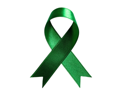 A green satin awareness ribbon, set against a stark black background