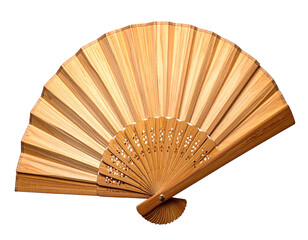 Open, wooden hand fan with finely cut designs, black background, natural