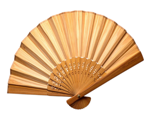 Open, wooden hand fan with finely cut designs, black background, natural