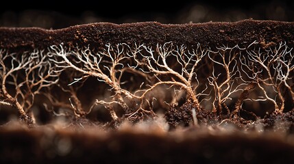 A close-up of mycelium spreading through soil, revealing the intricate network that mushrooms grow from.