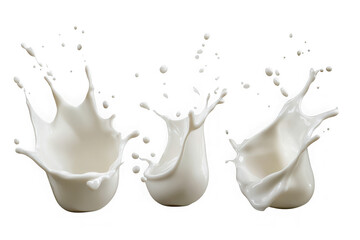Three dynamic white milk splashes frozen in motion against a black background liquid fluid