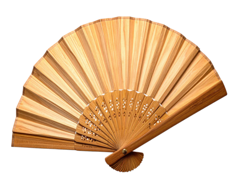 Open, wooden hand fan with finely cut designs, black background, natural