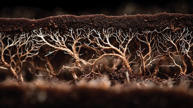 A close-up of mycelium spreading through soil, revealing the intricate network that mushrooms grow from.