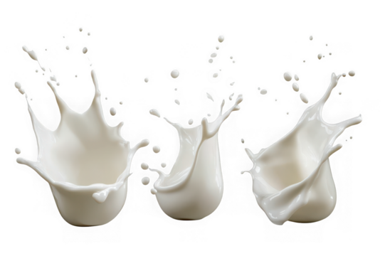 Three dynamic white milk splashes frozen in motion against a black background liquid fluid