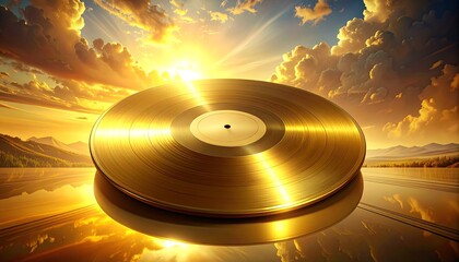 Golden vinyl record over a landscape with a beautiful sky and reflections
