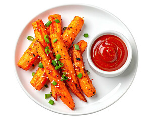 Roasted sweet potato fries sprinkled with herbs and a side of red dipping sauce