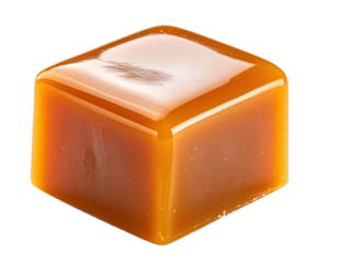 A perfect square caramel candy, rich brown color, glossy surface, dark backdrop