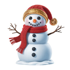 realistic 3D render of a cute snowman with red scarf and golden hat 
