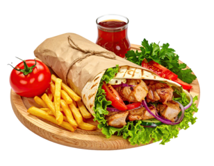 Wrap and sides grilled meat wrap, fries, tomato, drink, and salad