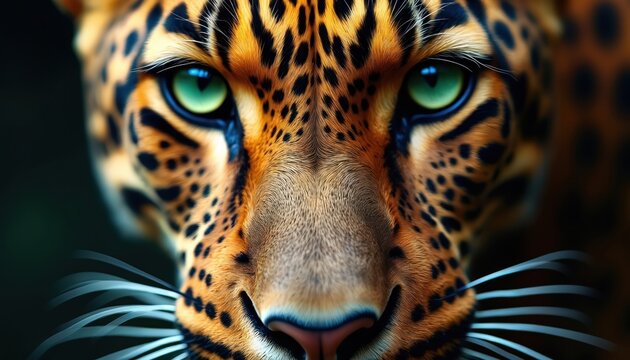 Majestic leopard face close up. Feline portrait shows spotted fur skin and green eyes. Big cat predator looks straight with intensity at camera lens. Wildlife concept.