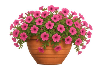 Pink petunias blooming in a terracotta pot, creating a vibrant display of garden florals, transparent background