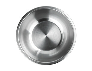 A highly reflective, metallic bowl is shown in an overhead shot, centered