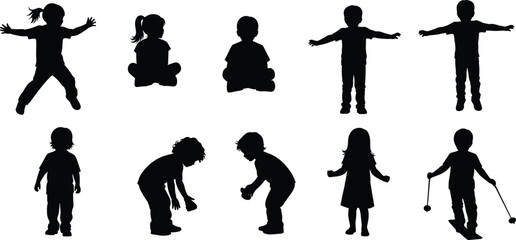 Children silhouette icon set, kids activity vector illustration, playful posture design, childhood lifestyle graphic, educational symbol art, family leisure collection