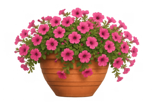 Pink petunias blooming in a terracotta pot, creating a vibrant display of garden florals, transparent background