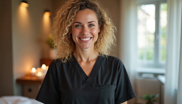 Smiling woman in black medical uniform poses. Female doctor or nurse portrait at the clinic office. Healthy, happy, beautiful masseuse looks at the camera