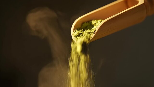 matcha powder pouring from wooden scoop