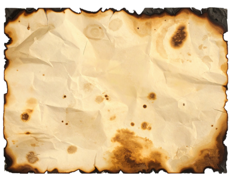 Textured paper with burnt edges, brown stains, and wrinkles