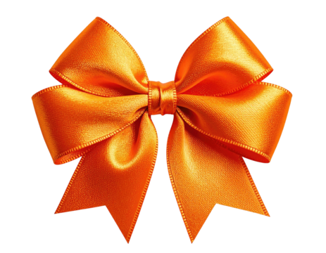 Bright, orange satin bow, intricately tied, with shadows on a transparent background