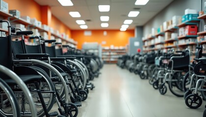 Wheelchairs arranged in a row inside a medical equipment store. Various rehabilitation devices and mobility aids are stored on shelves. Health care products are presented in wide aisle.