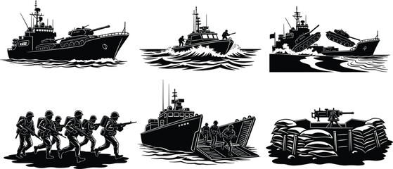 Military warship silhouette, combat boat patrol, amphibious landing craft, soldiers © MdShahin