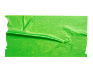 Bright green rectangular adhesive tape piece with crinkles, on black background