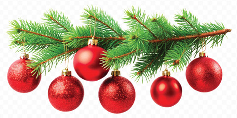 red decoration balls hanging from christmas tree branch isolated on transparent background 