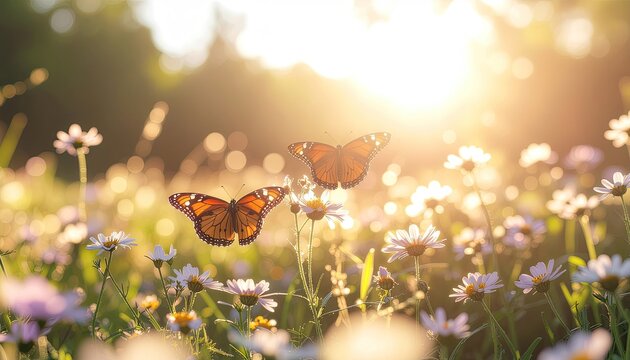 Two butterflies, with orange and black wings, alight amongst white daisy flowers in a field bathed in warm sunlight, creating a serene and tranquil natural scene with soft bokeh effects.