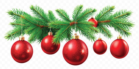 red decoration balls hanging from christmas tree branch isolated on transparent background 