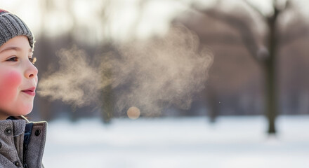 Child exhales warm breath in winter air on a cold day, creating a fleeting cloud, vaporous breath in winter air. Frosty child, bundled in winter clothing, exhales vaporous breath in winter air,