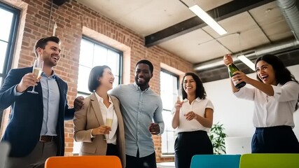 Diverse group of colleagues celebrating success with champagne in modern office.