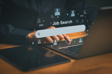 Person using laptop for online job search, representing career opportunity, recruitment technology, employment platform, job application process, and digital human resources innovation in business.