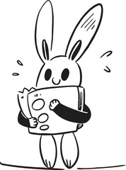 Smiling bunny character holds a happy square object line art doodle.