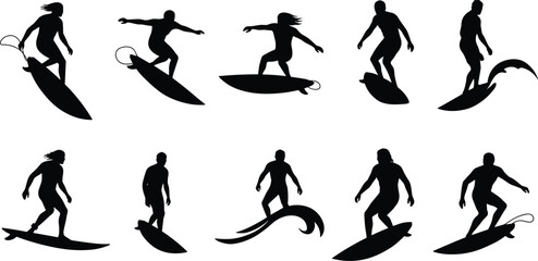 Surfer silhouette icon set, dynamic surfboard vector illustration, ocean wave design, coastal lifestyle graphic, summer sport symbol, tropical beach activity art