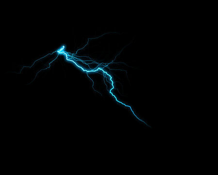 A vivid, electric blue lightning bolt streaks dynamically across a dark, ominous sky, illuminating the intense power of nature.