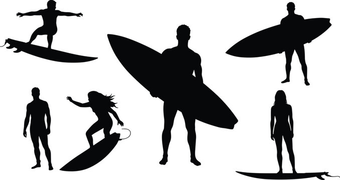 Surfer silhouette collection with surfboards, dynamic surfing poses and beach lifestyle vector illustration, summer vacation design elements for ocean sport and coastal culture